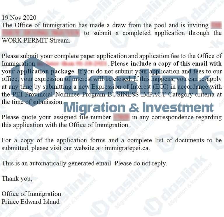 ITA (Invitation to Apply) của Tỉnh Bang Đảo Hoàng Tử, KH Thuy Duong tháng 12/2020