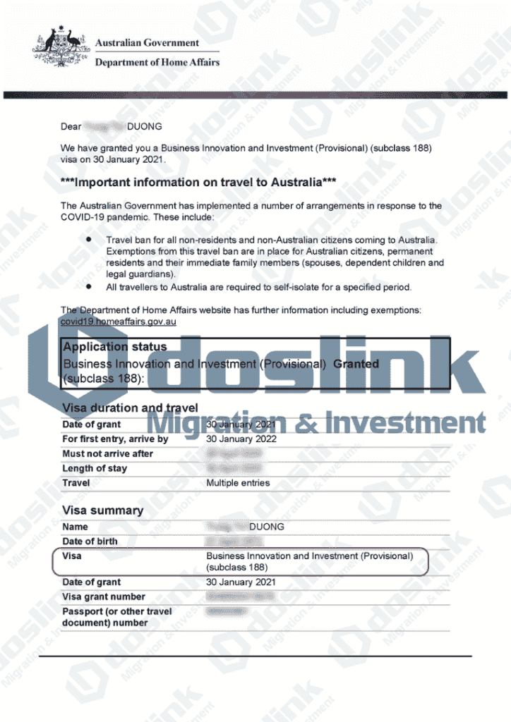Kết quả thành công visa 188A - Victoria - Melbourne - 30.01.2021