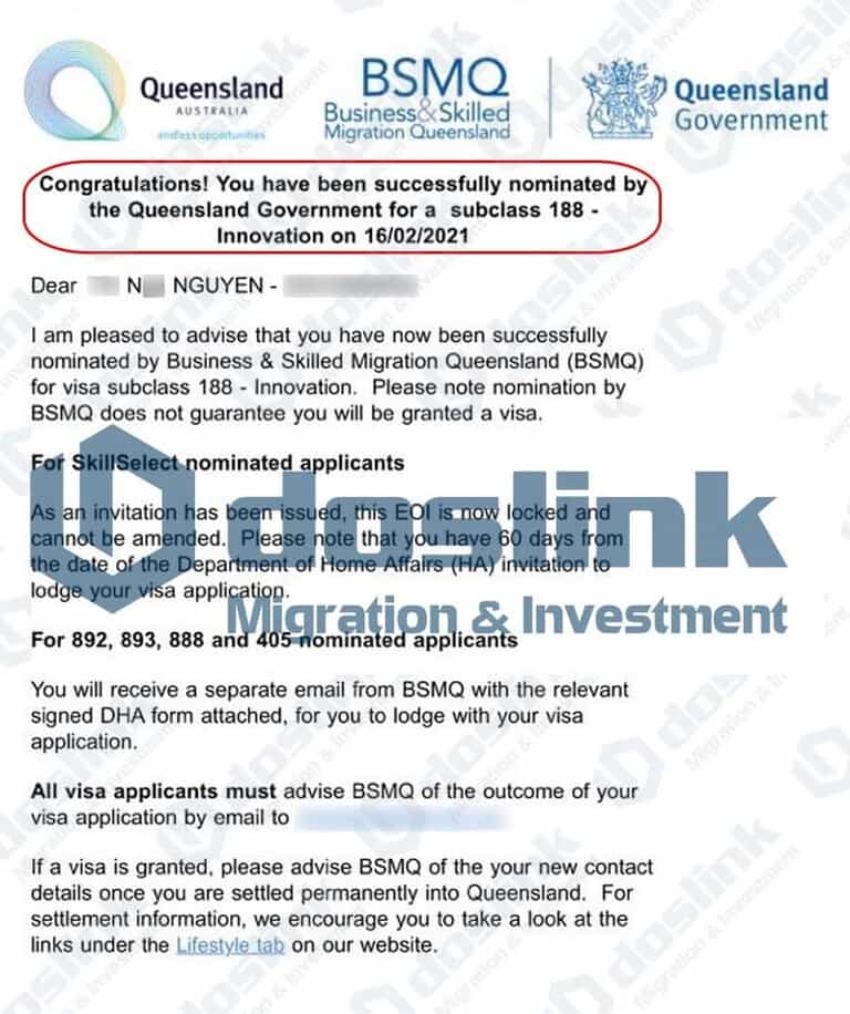 Bảo lãnh Bang Queensland – Visa 188A Doanh Nhân Sáng Tạo, KH N... Nguyễn
