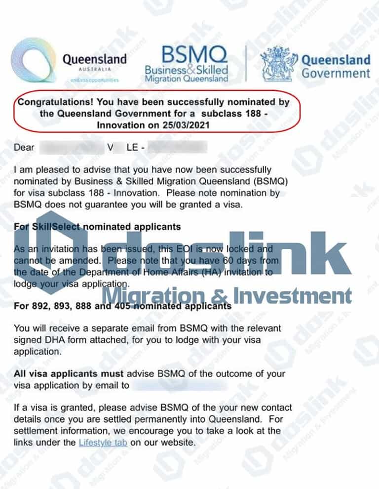 Bảo Lãnh Bang QueensLand - Visa 188A KH V Lê ngày 25.03.2021