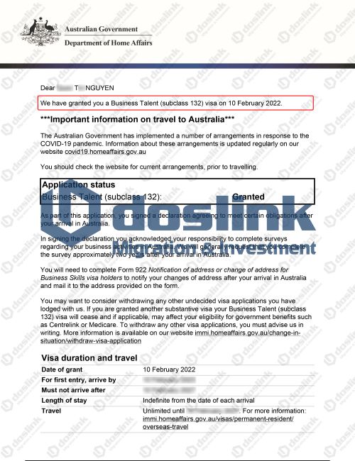 Kết quả Visa 132A Doanh Nhân Tài Năng – Nam Úc (Adelaide), KH T.. Nguyen 10/02/2022