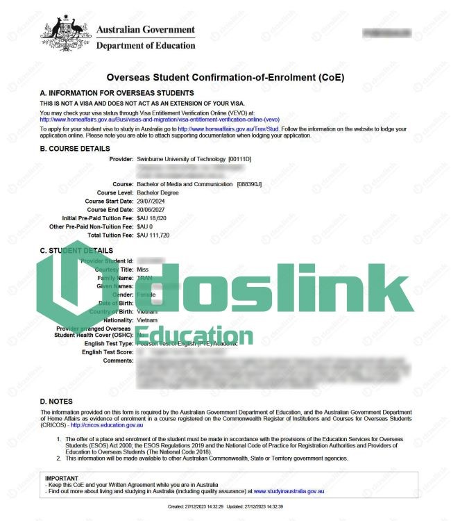 CoE - Confirmation of Enrolment Thư xác nhận nhập học