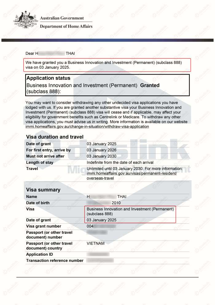 Kết quả PR Úc - visa 888A bang Nam Úc - H. Thái dependent