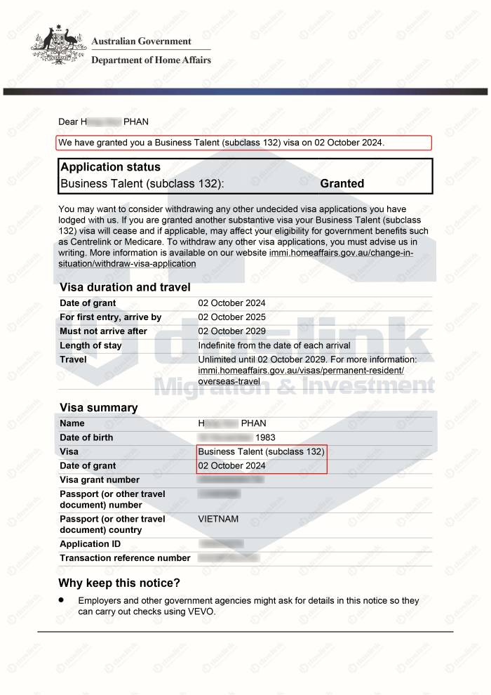 kết quả PR Úc visa 132A N Đặng spouse