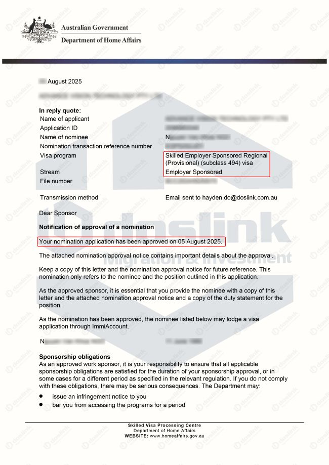 Kết quả phê duyệt nomination visa 494 Corporate Services Manager - N