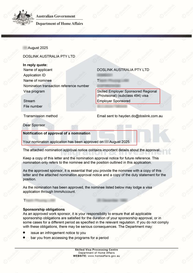 Quyết định cấp đề cử nomination visa 494 sales and marketing manager