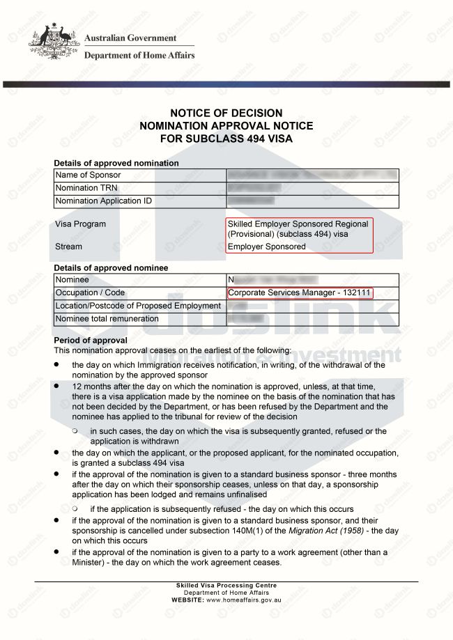 Kết quả phê duyệt nomination visa 494 Corporate Services Manager - N