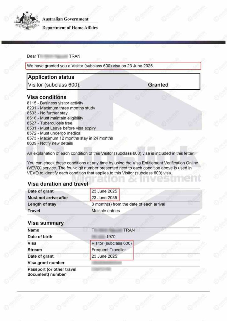 visa du lịch úc 10 năm - T. Trần