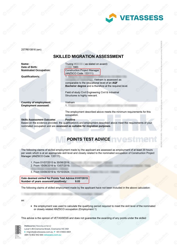 Skills Assessment (Thẩm định chuyên môn) cho hồ sơ định cư Úc trong ngành nghề Construction Project Manager
