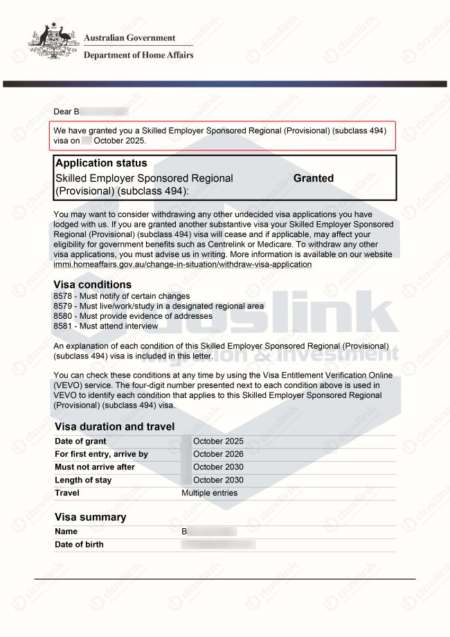 visa 494 granted - Corporate Services manager