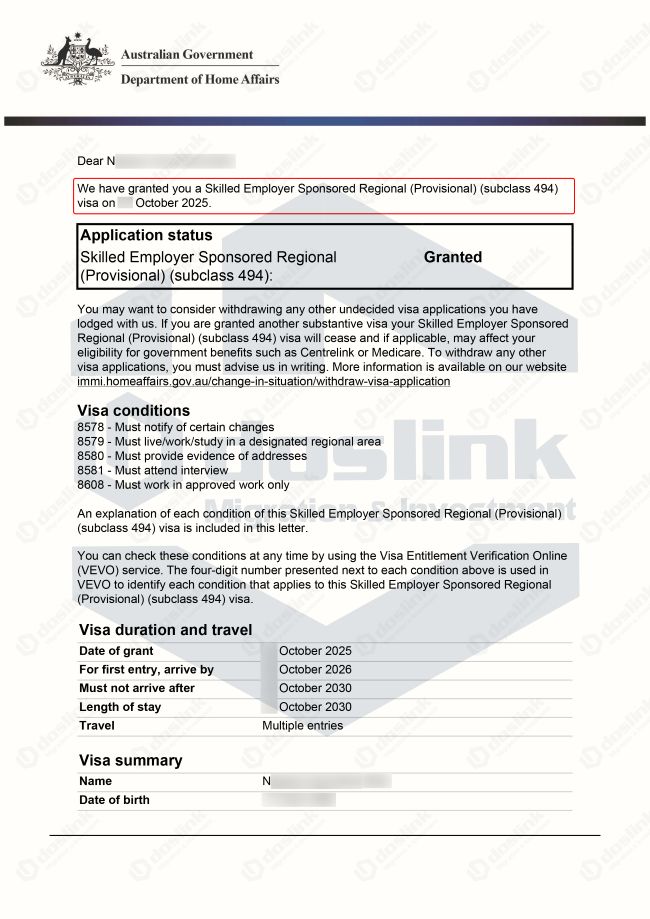visa 494 granted - Corporate Services manager