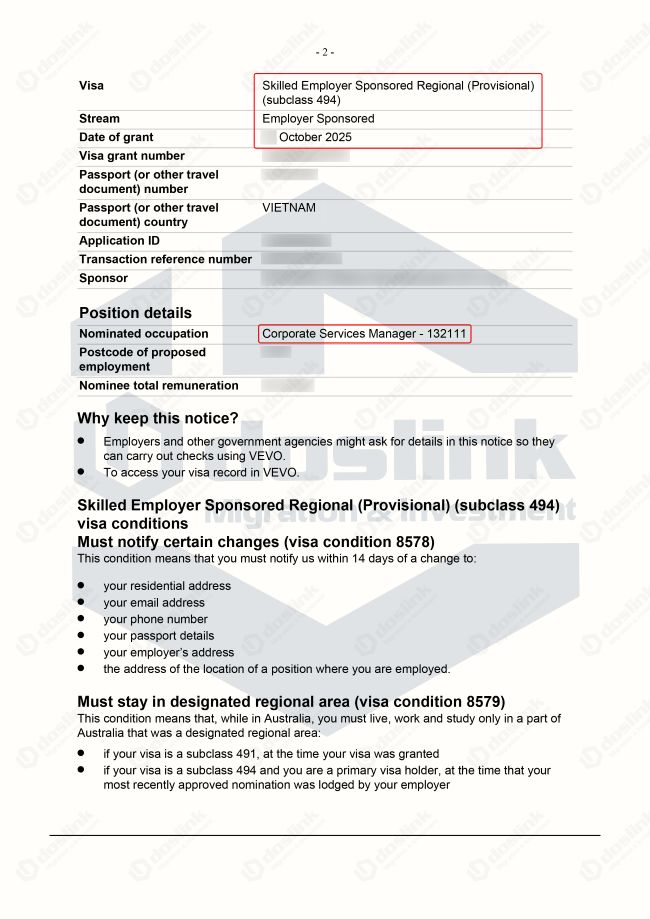 visa 494 granted - Corporate Services manager