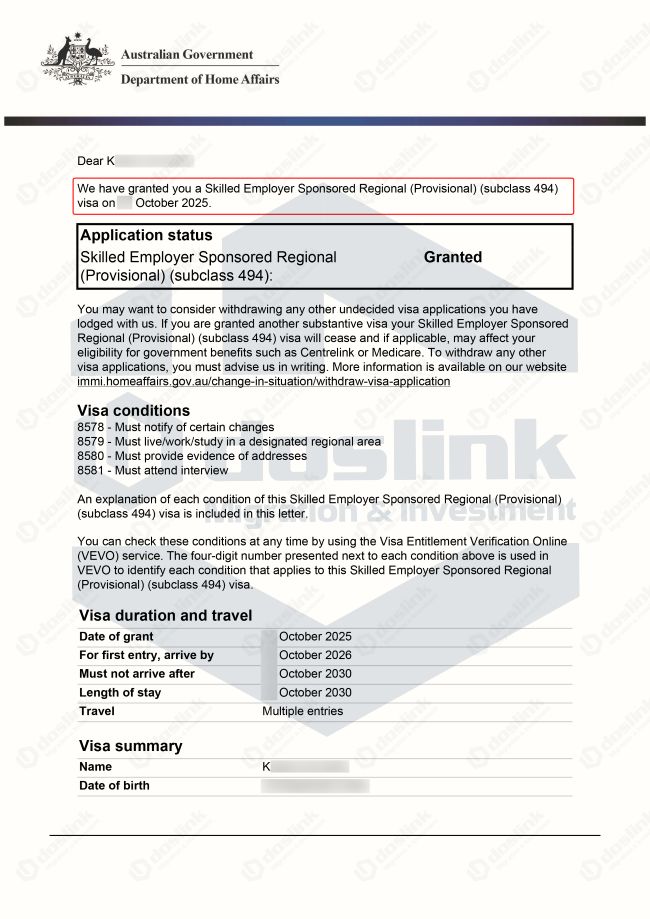 visa 494 granted - Corporate Services manager