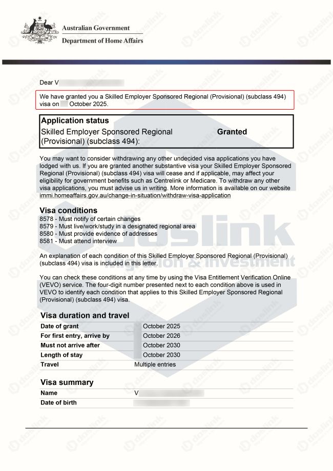 visa 494 granted - Corporate Services manager